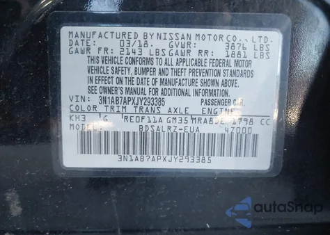 2018 Nissan Sentra Sr from USA, damaged, VIN 3N1AB7APXJY293385